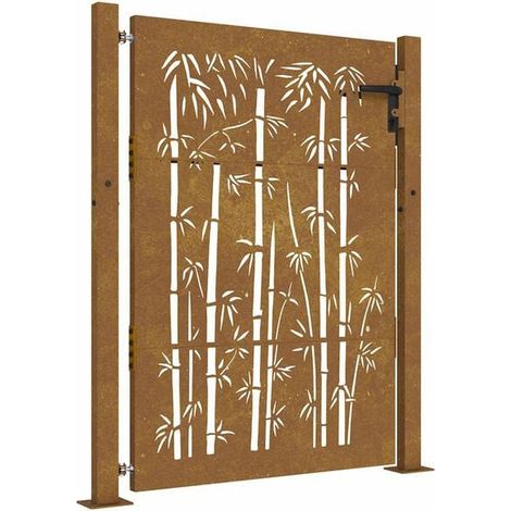Portail de jardin, mesurant 100x125 cm, conçu en acier Corten et en bambou.