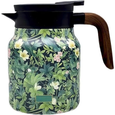 Isolierte Edelstahlkaraffe mit Deckel und integriertem Teesieb, florales Vintage-Muster, grün. (1/5)