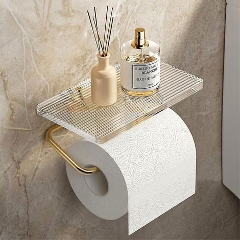Ecleanfy - Porte-papier toilette doré de luxe avec étagère, porte-rouleau en acrylique sans trous, accessoires de salle de bain (1/5)