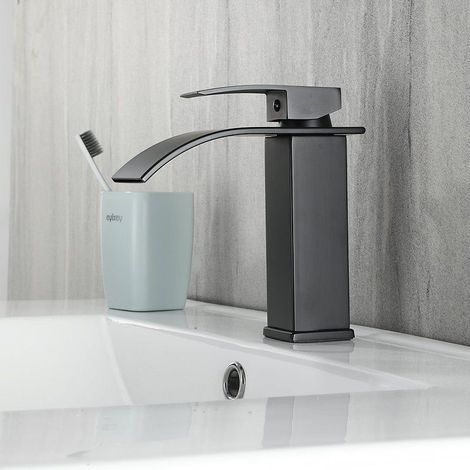 Moderne schwarze Wasserfall-Waschtischarmatur, 20-teiliges Badezimmer-Mischbatterie-Set, Wasserfallarmatur mit 2 langen Schläuchen, 3/8 Zoll (1/5)
