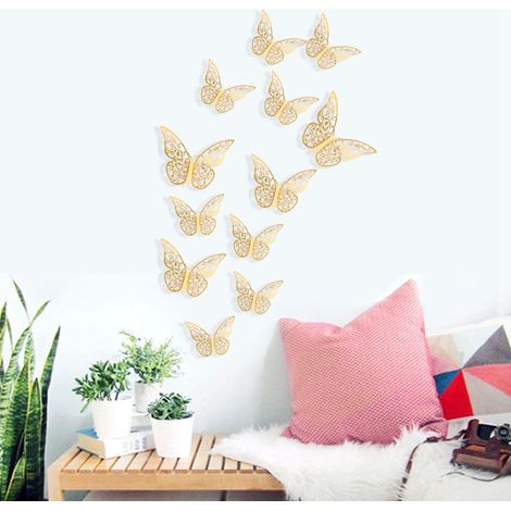 Lot de 12 stickers muraux papillons 3D ajourés, texture métal, pour salon, chambre ou décoration intérieure. (1/5)