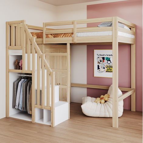 Cama alta juvenil con armario 90x200 madera OKMYHOME (1/5)