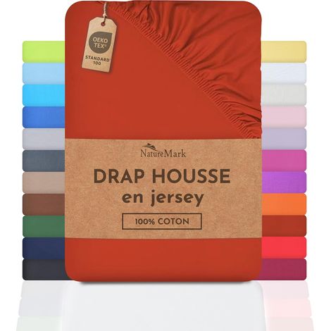 Drap-Housse en Jersey, 100% Coton, Disponible dans de Nombreuses Tailles et Couleurs, qualité Oeko-Tex Standard 100, 140 x 200 cm - 160 x 200 cm, Rouge Rouille (1/5)