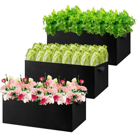 Sacs de plantation rectangulaires, lot de 3, sacs de plantation noirs non tissés avec poignées, sacs de plantation d'intérieur et de jardin, conteneurs pour plantes, pots en tissu, adaptés aux légumes (1/4)