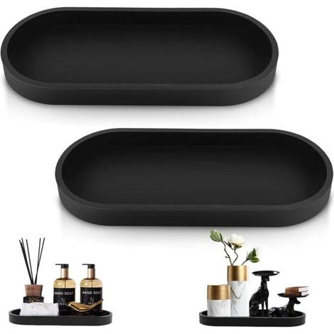 Lot de 2 plateaux, silicone noir, design élégant, plateau rangement, résistant humidité, pour salle de bain (1/4)