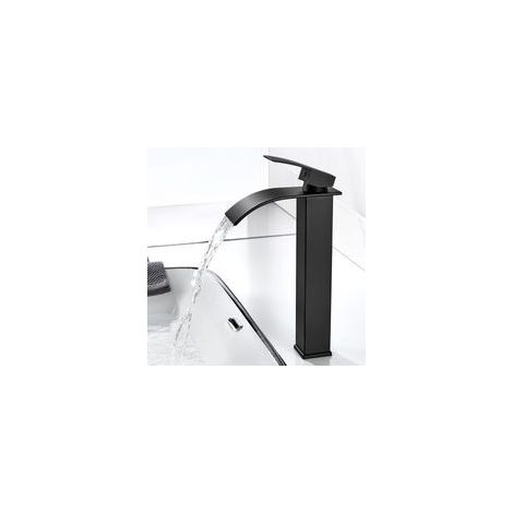 Robinet Salle de Bain Cascade, Moderne Robinet Lavabo Noir, Mitigeur Lavabo avec bec Hauteur 237 mm, Robinetterie Carré en Laiton Eau Chaude et Froide Disponible G 3/8 (1/5)