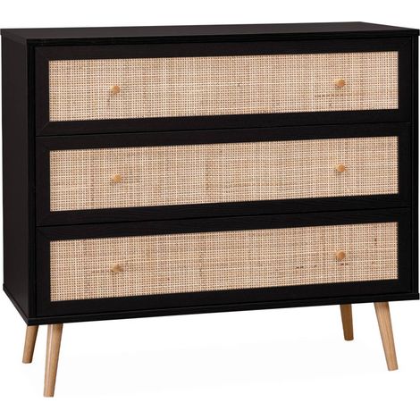 Commode en décor bois noir et cannage 90x39x79cm - Bohème - 3 tiroirs