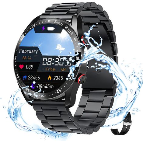 Smartwatch Herren IP67 avec Edelstahlband & Silikonband noir