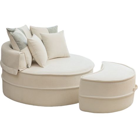 Fauteuil rond en chenille beige avec 5 coussins et ottomane pour salon et chambre (1/5)