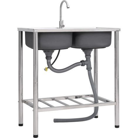 Evier de camping double lavabo avec robinet évier de cuisine évier de garage évier d'extérieur anti-salissure 78 x 43 cm acier inoxydable (1/5)