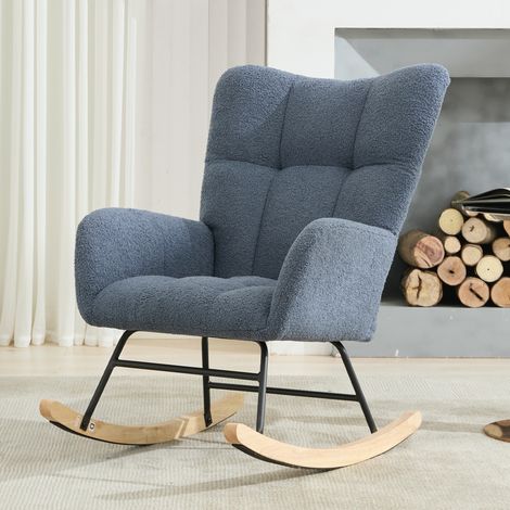 Mecedora de tela Teddy con bolsillo, mecedora suave para habitación infantil, cómoda mecedora con respaldo alto y base segura de madera maciza, sala de estar, azul marino (1/5)