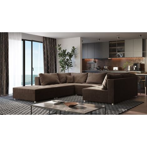 Wohnlandschaft Sofa ANDRO Schlaffunktion und Hocker Stoff Fresh Braun (1/5)