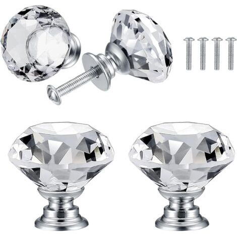 QORVA-4 pièces (2,52,52,4 cm) poignées de porte en cristal blanc, poignées de meubles en diamant, poignées d'armoire, poignées décoratives