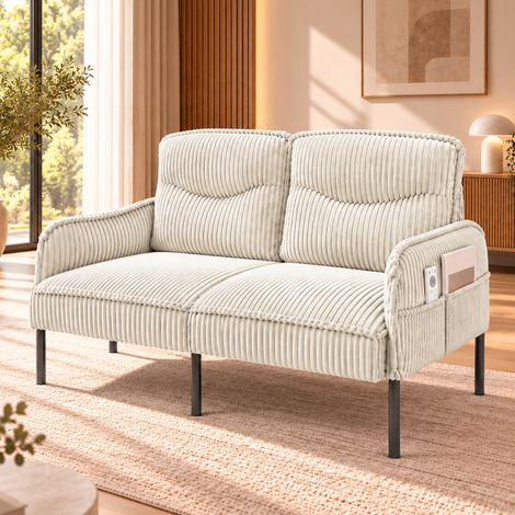 2-SitzerSofa,CordSofamitArmlehnenundSeitentaschen,kleinesPolstersofamithoherRückenlehneundMetallbeinen,bequemesWohnzimmersofafürWohnzimmer,SchlafzimmerundkleineRäume,Beige (1/5)