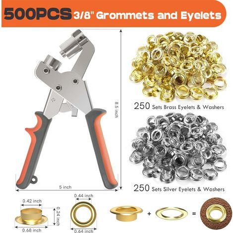 500 Pièces (Ø intérieur 10 mm) œillets en Métal,Ensemble Professionnel de Perforateur d'œillets pour Cuir Tissu Bâche Rideau PVC (1/5)