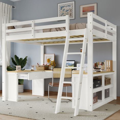 Kinder-Hochbett 140x200 cm Weiß/Natur aus Kiefer, MDF, PB und Sperrholz mit U-förmigem Tisch, 2 Schubladen und Regal (1/5)