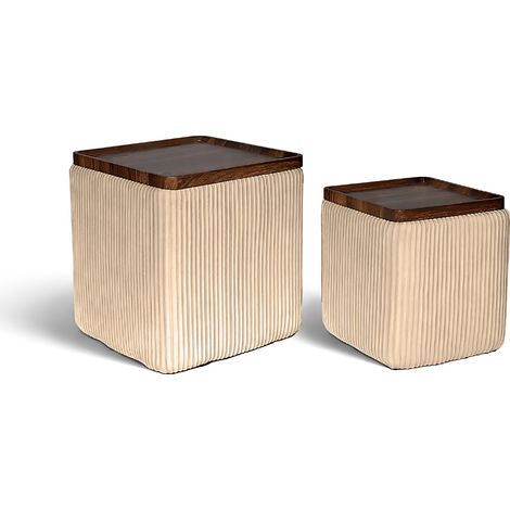 Set 2 Pouf Contenitore Quadrati in Velluto con Coperchio in Legno, Tavolino da Salotto Moderno, Pouf Contenitore Salvaspazio, Seduta Imbottita, Pouf Poggiapiedi Crema