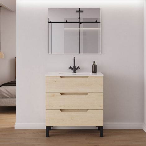 Meuble de salle de bain 70cm simple vasque - 3 tiroirs - roble calima (bois clair) - RIZA (1/5)