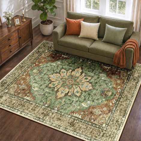 Vintage Tapis de Salon 120x180 cm Lavable Brique/Marron/Vert Tapis Salon, Tapis Chambre, Lavable en Machine, Vintage, Boho, Rétro, Antidérapant, Cuisine, Salle à Manger, Douce, OEKO (1/5)