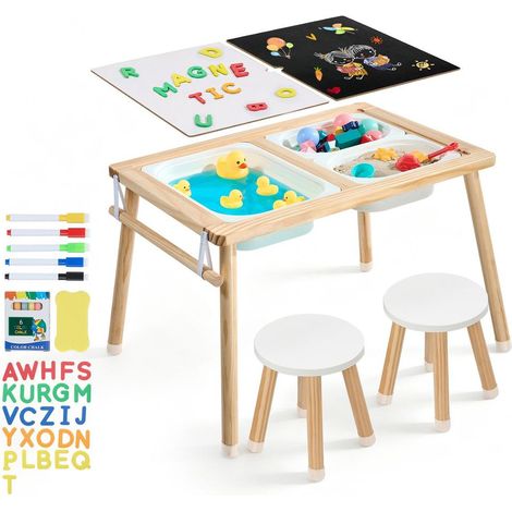 Table Sensorielle Enfant 7 en 1 Table d'Activité en Bois avec Tableau Double Face 2 Tabourets Bacs 81,5x60x50,5 cm (1/5)