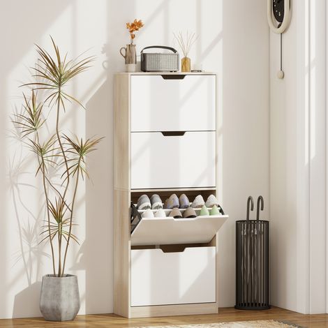Bois et blanc - Armoire à chaussures mince avec 4 portes rabattables, étagères réglables pour 16 paires, poignée creuse, 62,5x26x156 cm