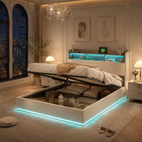 Lit coffre 140x200 cm – table de chevet intégrée velours blanc – LED – ports USB – rangement hydraulique (1/5)