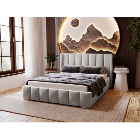 Lit rembourré avec rangement 180x200 velours gris clair Marano (1/5)