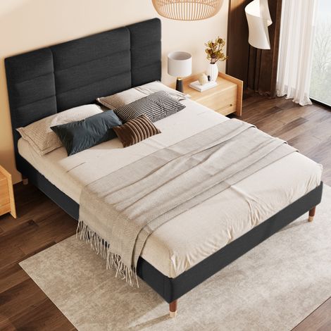 Lit double en lin noir 140x200 cm avec tête de lit, sommier à lattes inclus et rangement sous le lit (1/5)