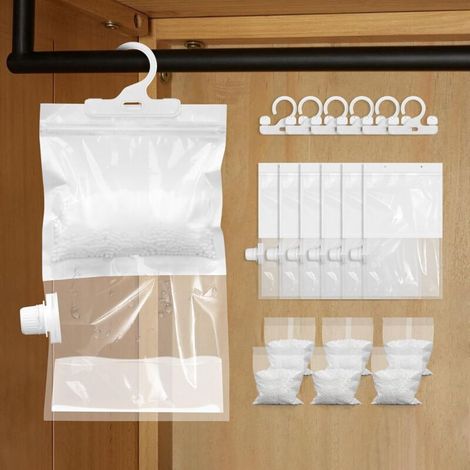 Déshumidificateur Suspendu, 6 Sachets De 130 G De Granulés Déshumidificateurs Avec 6 Sacs Réutilisables, Sachets Déshydratants Anti-Moisissures Et Désodorisants Pour Caves, Chambres Et Buanderies. (1/5)