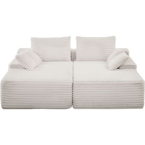 Ecksofa mit 2 Sitzen aus Cord, 210 cm breit, mit extra großer Doppel-Chaiselongue, tiefer, bequemer Sitzfläche mit weichen Kissen und Zierkissen für Wohn- oder Schlafzimmer, beige, keine Montage erfor (1/5)