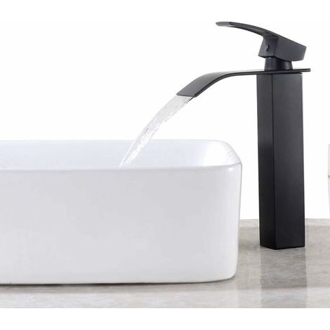 Schwarze Wasserfall-Waschtischarmatur, hohe Badezimmer-Waschtischarmatur, großer quadratischer Messingauslauf, Warm- und Kaltwasseranschluss, Auslaufhöhe 260 mm (1/5)