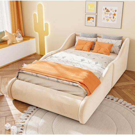 Gepolstertes Kinderbett 90 x 200 cm mit hohem Kopfteil und Seitengittern, beige (1/5)