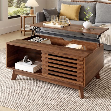 Table basse relevable style rétro, 90x55 cm, plateau réglable en hauteur, avec porte coulissante à lattes, finition noyer, meuble de salon
