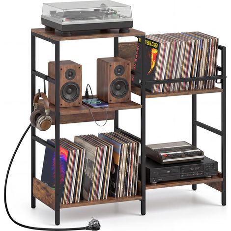 COSTWAY Meuble Platine Vinyles avec Prise, Rangement Platine Vinyle Jusqu’à 200 Albums, 3 Crochets, Support Tourne-Disque pour CD DVD Manga Livres, Meuble HiFi Vinage pour Salon, Chambre (1/4)