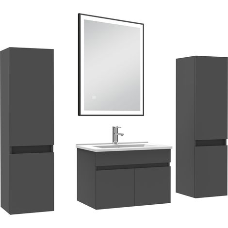 AICA Meuble simple vasque anthracite 60cm avec colonne et miroir 3 couleurs et dimmable (1/5)