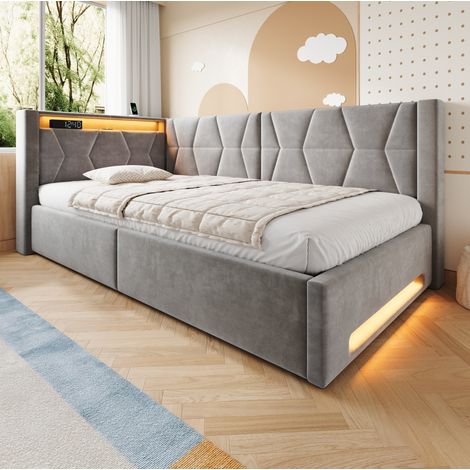 Cama tapizada 140x200 cm con arcón, LED, USB y Type-C en terciopelo gris oscuro (1/5)