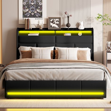 BLANKETSWARM - Lit coffre 160x200 cm– Cadre de lit avec rangement – Chargement USB – Lumières LED – PU, Blanc (1/5)