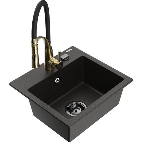 Mexen Milo lavello in granito a 1 vasca con miscelatore da cucina Aster, nero/oro metallico - 6505-75-73450-57-B (1/5)
