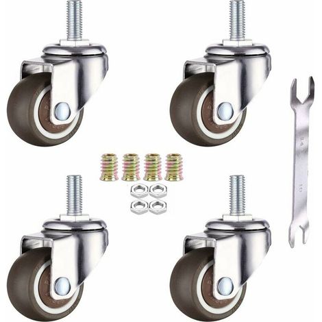 Lot De 4 Roulettes Pivotantes Pour Meubles - M6 X 15 Mm - Avec Filetage De 25 Mm - Caoutchouc Souple - Filetage Tpe - Mini Roulettes De Meubles (25 Mm) (1/5)