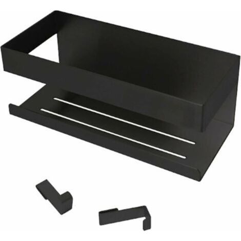 Etagere Douche, Étagère Douche Sans Percage, Étagère Salle de Bain Inox, Rangement Douche, Adhésif Pose Serviteur de Douche pour Shampooing, avec Lot de 2 Crochets, Noir Mat (1/5)