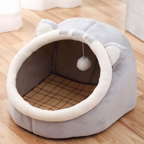 Lit moelleux pour chat et petit animal - Grotte intérieure en gris et rose - 37x39x30 cm (1/5)