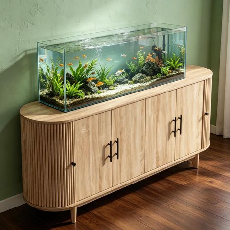 Buffet ovale 147 x 40 x 76 cm 6 portes 2 étagères réglables meuble de rangement salon salle à manger MDF effet chêne (1/5)