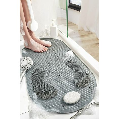 Tapis de Douche 40x80cm Tapis de Bain Antidérapant de Baignoire Tapis de Pied avec Pierre Ponce Amovible, avec Ventouses (Gris) (1/5)
