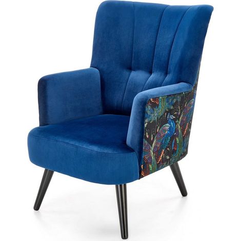Fauteuil lounge en velours bleu avec dossier imprimé FLORAEL (1/5)