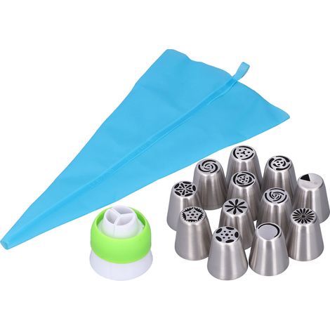Set mit 14 großformatigen Spritztüllen, Edelstahlspitzen mit Adapter und Spritzbeuteln (1/5)