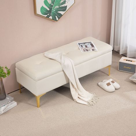 Polsterbank mit Stauraum, Fach unter der Sitzfläche, Goldfarbene Metallbeine, Polyester Beige, 120 x 44 x 44.5 cm (1/5)