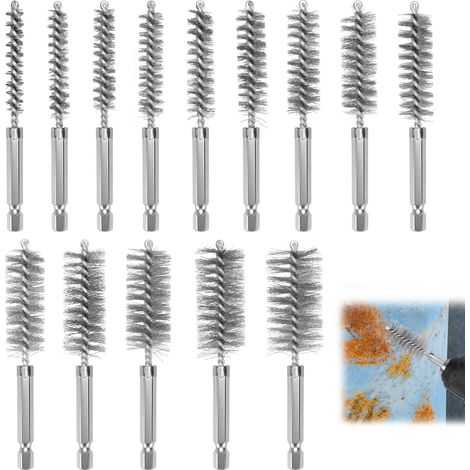 Lot de 14 brosses métalliques en acier inoxydable pour perceuse, brosse d'alésage avec tige hexagonale de 6,35 mm, fixations (8/9/10/11/12/13/14/15/16/17/19/20/22/25 mm) pour enlever la (1/5)