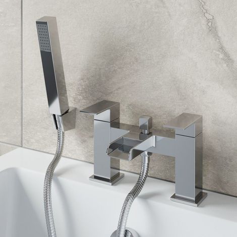 Bathroom Square Bath Shower Mixer Tap Hose Handset Lever Handle Waterfall Chrome (1/6)