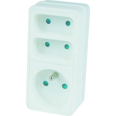 TEC HIT 250305 - Triplite 1 Prise x 16Ampères + 2 Prises x 6 Ampères - Fiche Multiple Façade - Blanc