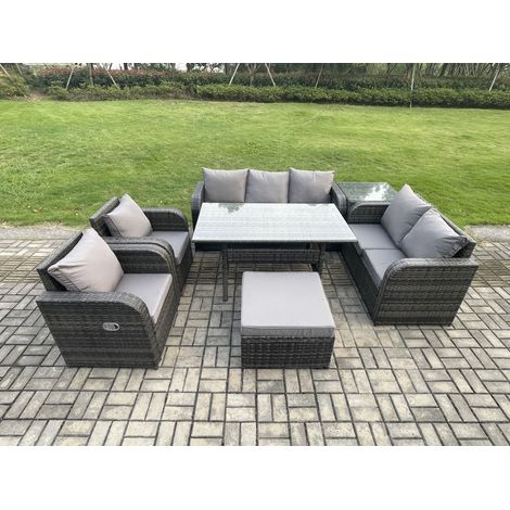 Fimous Dark Grey PE Wicker Rattan Garden Furniture Set Reclining Chair Love Sofa 2 Seater Sofa Set Outdoor Rectangular Dining Table Big Stools Side Table 8 Seater
